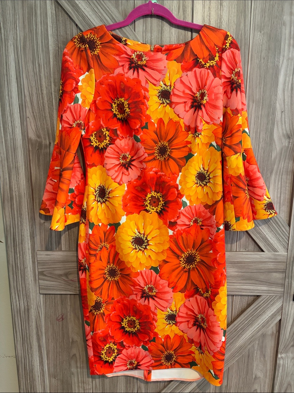 Calvin Klein Red and Yellow Floral Midi Dress with Bell Sleeves